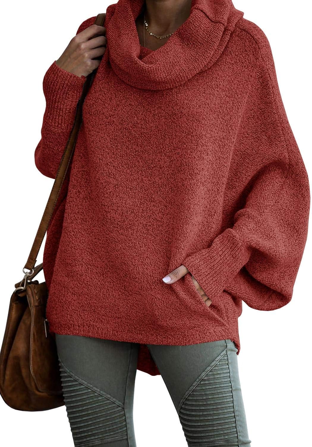Womens Cowl Neck Pullover Sweaters with Pockets Lantern Long Sleeve Knit Casual Loose Bat Tunic