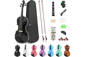 Oneder 4/4 Rainbow Violin Set Full Size Fiddle for Adults Beginners with Hard Case, Shoulder Rest, Rosin, Bow, Tuner, Extra Bridge Strings, 10 Music Stickers (Black)