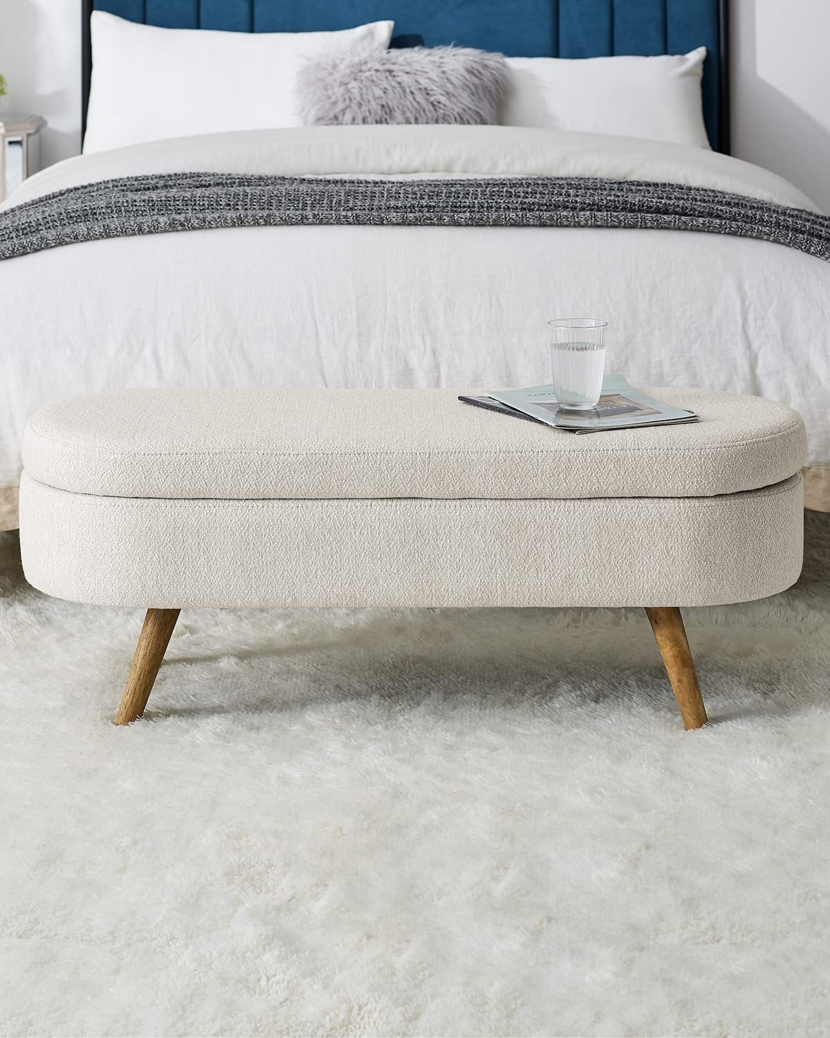 ECLYL Oval Storage Bench 43.5" Linen Fabric Upholstered Entryway Bench with Solid Wood Legs Ottoman Bench Indoor Bench for Living Room/Bedroom/End of Bed/Entryway (Beige) - Image 7