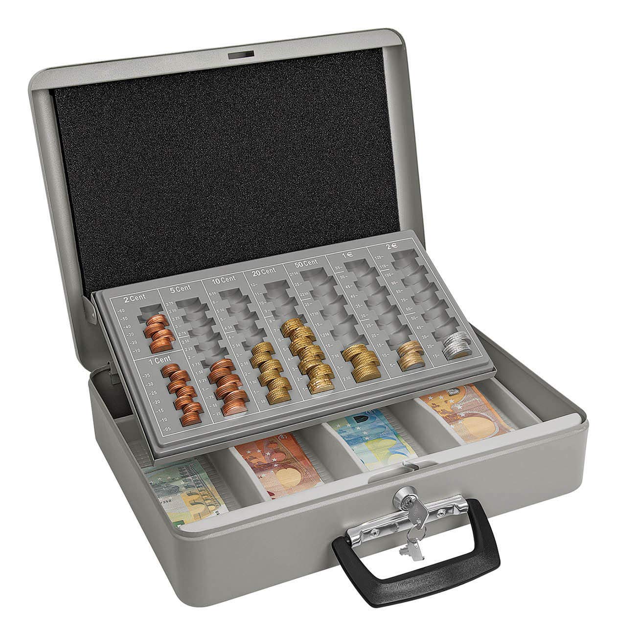 WEDO Maxi 149100812 Cash Counting Box, Powder-Coated Sheet Steel, with 2 Carrying Handles and 4 Compartment Insert for Banknotes, Cylinder Security Lock, 37 x 29 x 11 cm, Grey