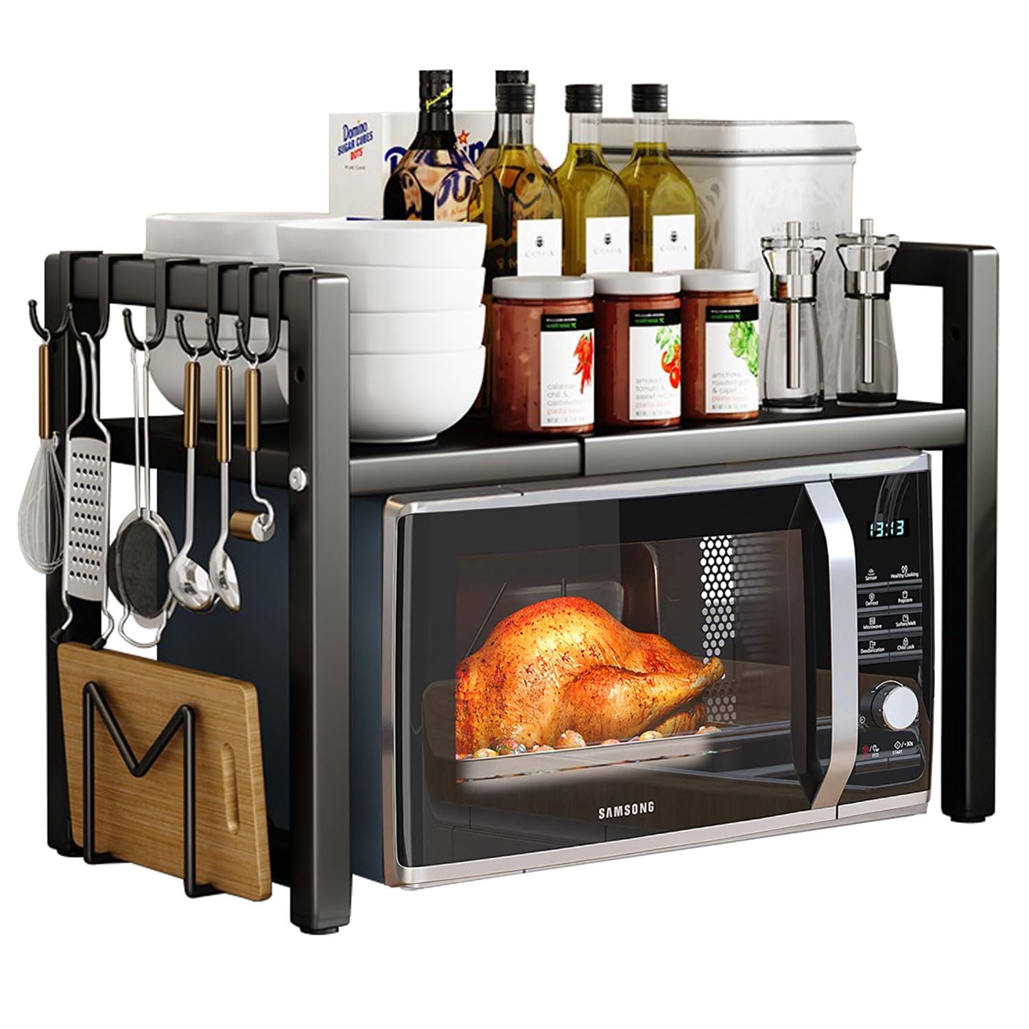 devesanter Expandable Microwave Shelf with 8 Hooks 2-Tier Microwave Stand Microwave Holder Organiser Kitchen Shelf Standing for Worktop Baker's Shelves (Black)