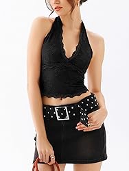 REORIA Womens Sexy V Neck Lace Halter Backless