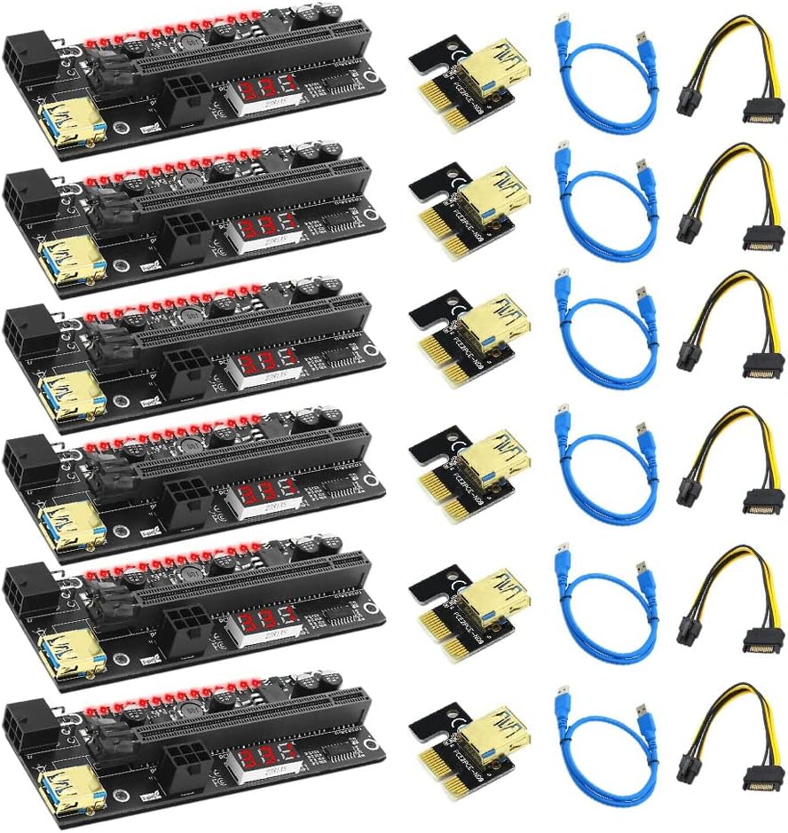 Hagsnec 6 PCIE Riser 1x to 16x 3.3V Digital Meter LED BTC Mining Extension Card