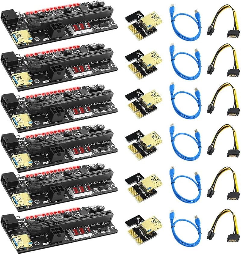 Hagsnec 6 PCIE Riser 1x to 16x 3.3V Digital Meter LED BTC Mining Extension Card