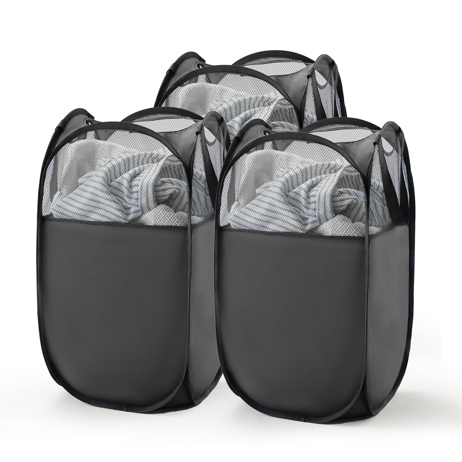 Photo 1 of TECHMILLY Pop Up Foldable Laundry Basket, Mesh Laundry Hamper with Reinforced Handles for Dirty Clothes Storage in Dorm, Laundry Room, Bathroom, Black(Fabric), 3 Pack