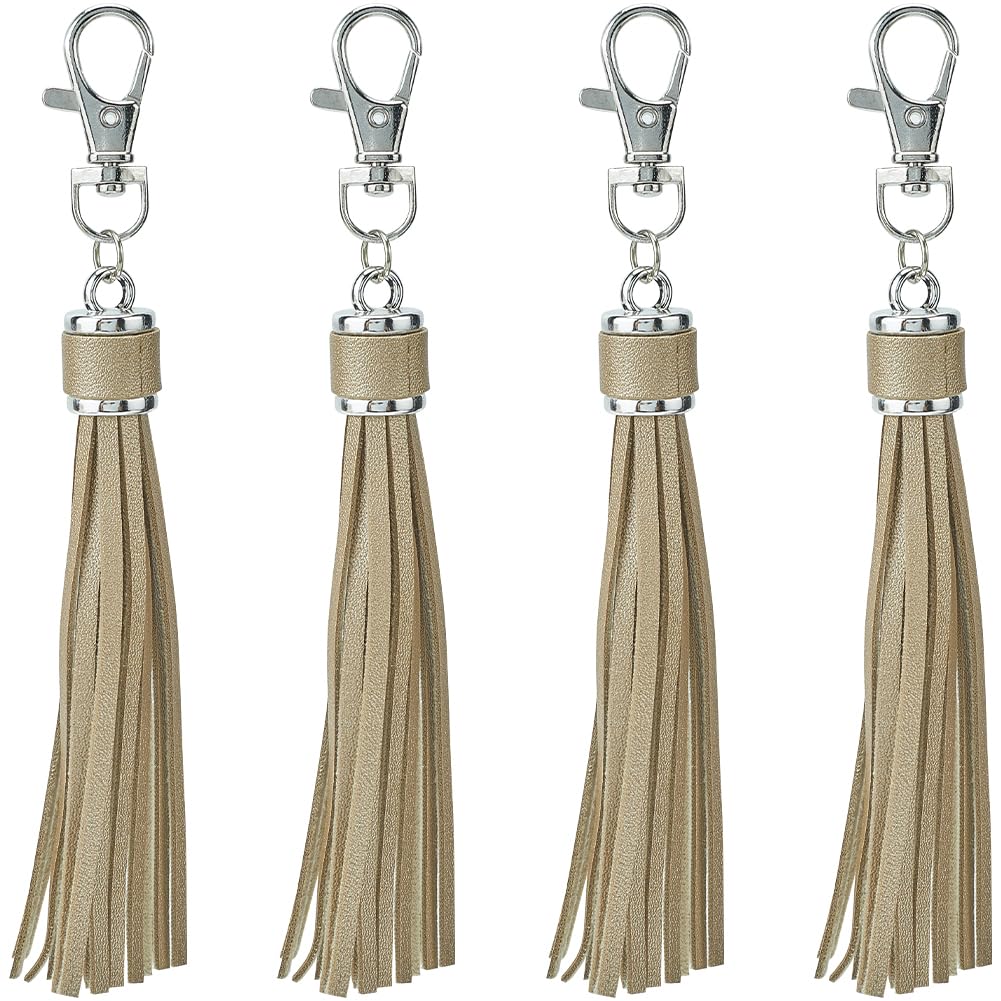 SUNNYCLUE 1 Box 4Pcs Gold Tassel Keychain Charm PU Leather Tassel Charms Bulk Artificial Faux Leather Pendant with Alloy Lobster Swivel Clasp for DIY Handbag Key Chain Crafts Jewellery Making Findings