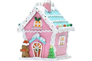 Pink Gingerbread House Decor, Light Up Clay Xmas Village Ornaments, LED Candy House Gingerbread Decorations Desktop Adornment