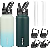 BJPKPK 2 Pack Insulated Water Bottles with Straw Lids, 32oz Stainless Steel Metal Water Bottle with 6 Lids, Leak Proof BPA Free Jugs, Cups, Flasks for Travel, Sports (Army Green+Mint)