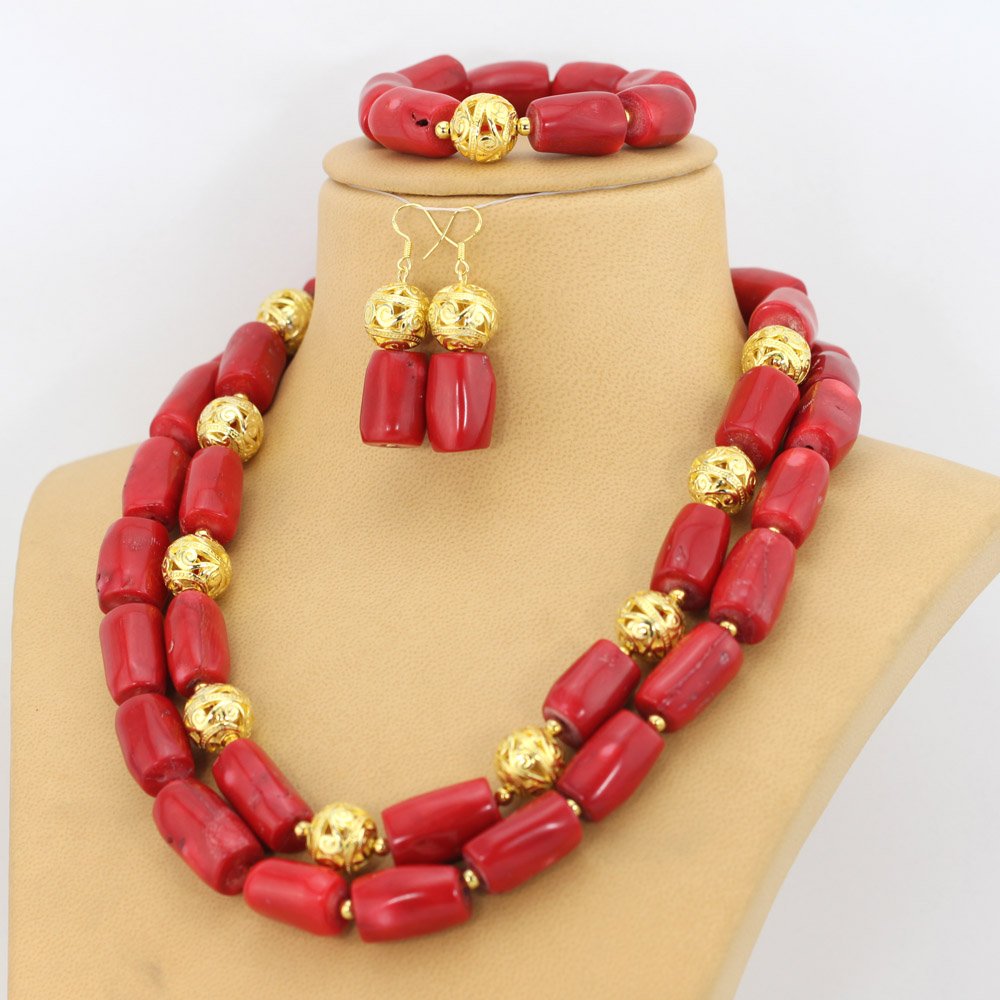 African Beads Jewelry Set – 2 Rows Red & Green Crystal Necklace, Bracelet & Earrings, Nigerian Wedding Party