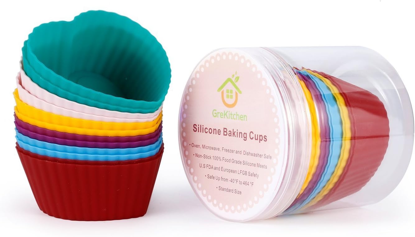 GreKitchen 24 Pack Vibrant Round Reusable and Nonstick Heat Resisitant Rainbow Bright Standard Bake cups/Silicone Baking Cups/muffin baking cup/Cupcake liners (Heart 12-Pack)