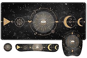 Anyshock Desk Matt, Gaming Mouse Pad with Wrist Rest, Keyboard Wrist Rest, 4 in 1 Ergonomic Desk Pad Mat XXL Large with Coaster Set, Non-Slip Big Keyboard Mat for Office School, Black Moon Sun Phase