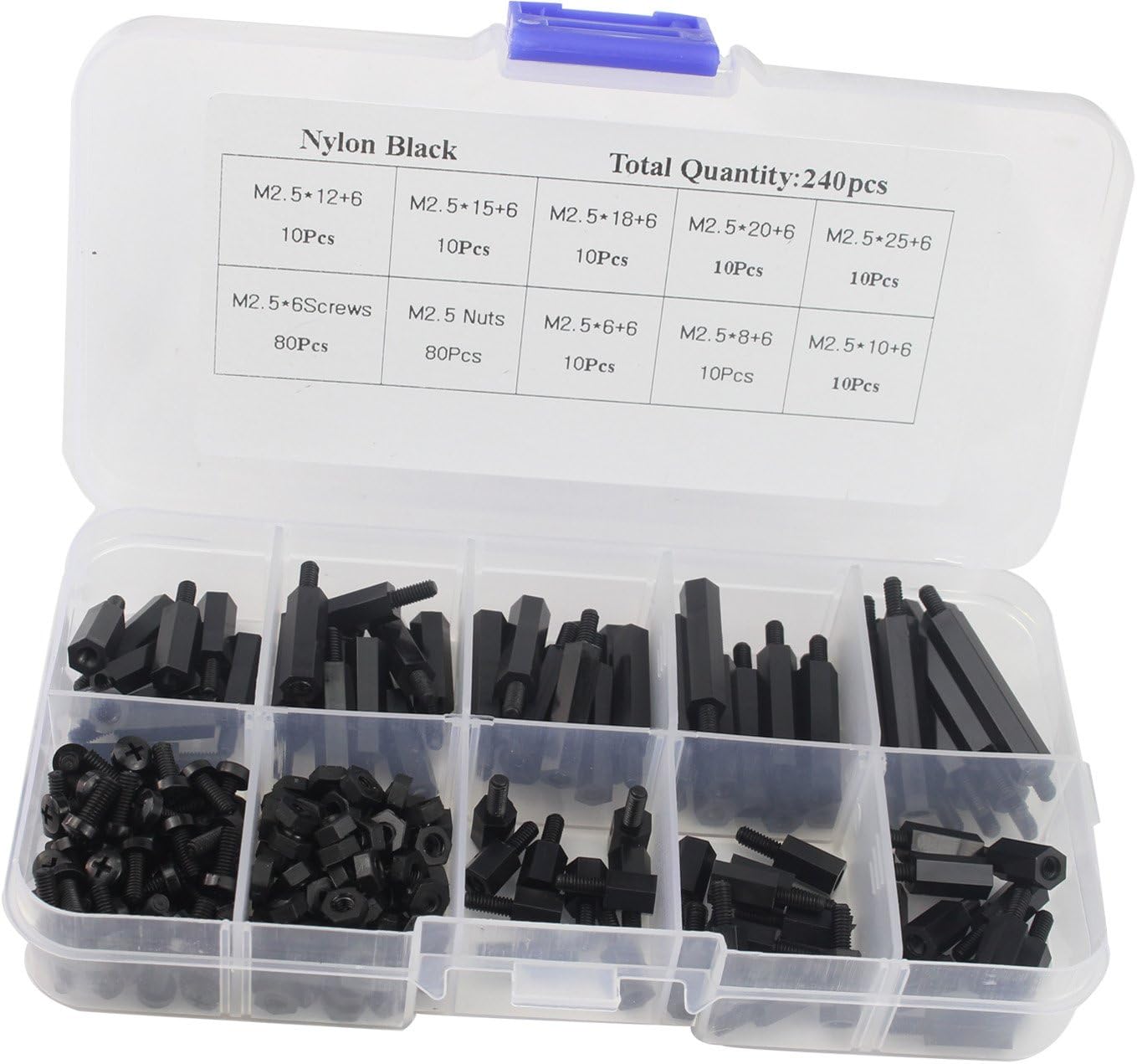 Luckkyme M2.5 Black Nylon Screw Hex Screw Nut Spacer Standoff Varied Length Assortment Kit for PCB Motherboard Raspberry Pi (240 PCS)