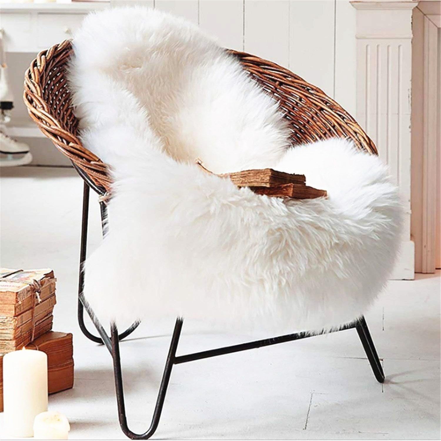 LIYINGKEJI Sheepskin rug, 60x90 cm lambskin white sheepskin rug, longhair fur imitation wool bed mattress sofa mat faux lambskin sheepskin rug (White)