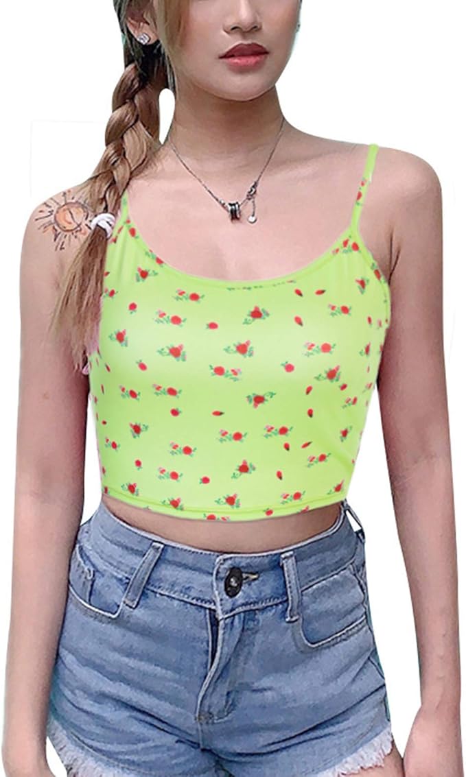 Amazon.com: Women Sexy Camisole Crop Top Floral Print Spaghetti Strap Tank Top Slim E-Girl Cami 
