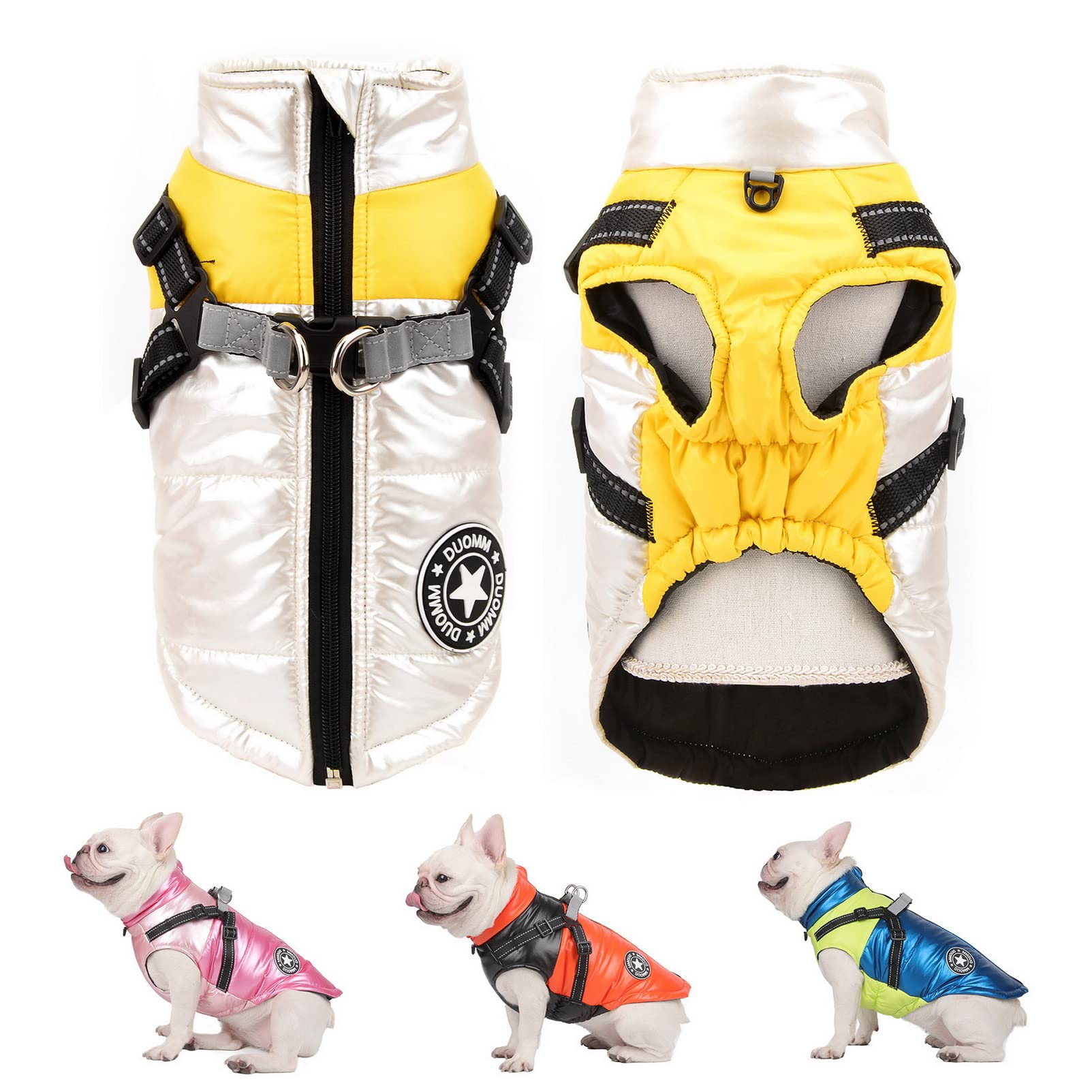 SMALLLEE_LUCKY_STORE Pet Colorblock Sport Waterproof Winter Jacket Vest with Harness D-ring for Small Medium Dog Cat Zip-up Padded Puppy Coat Chihuahua Yorkie French Bulldog Warm Clothes,Silver,XL