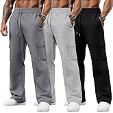 August Alley 3 Pack Men's Cargo Sweatpants Drawstring Thin Straight Leg Pants Casual Baggy Open Bottom Jogger with Pockets