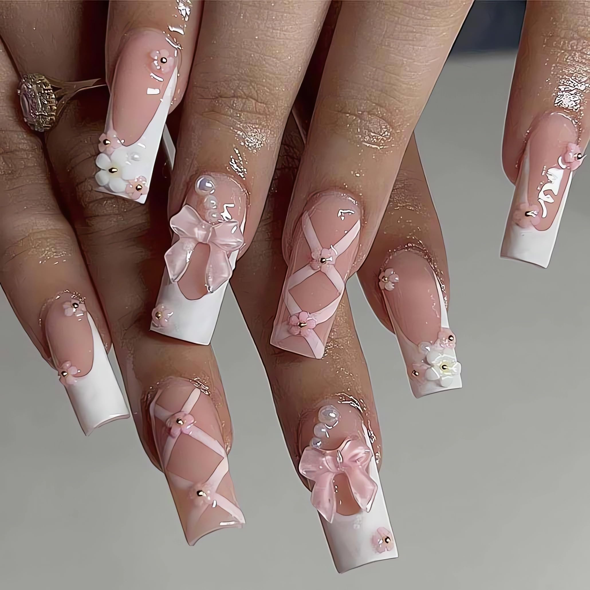 Press on Nails Long Square Pink Fake Nails 3D Bow Tie Flower False Nail with French Tip Artificial Nail Finger Manicure for Women and Girls-24pcs (Square Nude Pink)