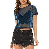 Allegra K Women's Mesh Crop Top Christmas Short Sleeve Mesh Metallic Party See Through Shirts