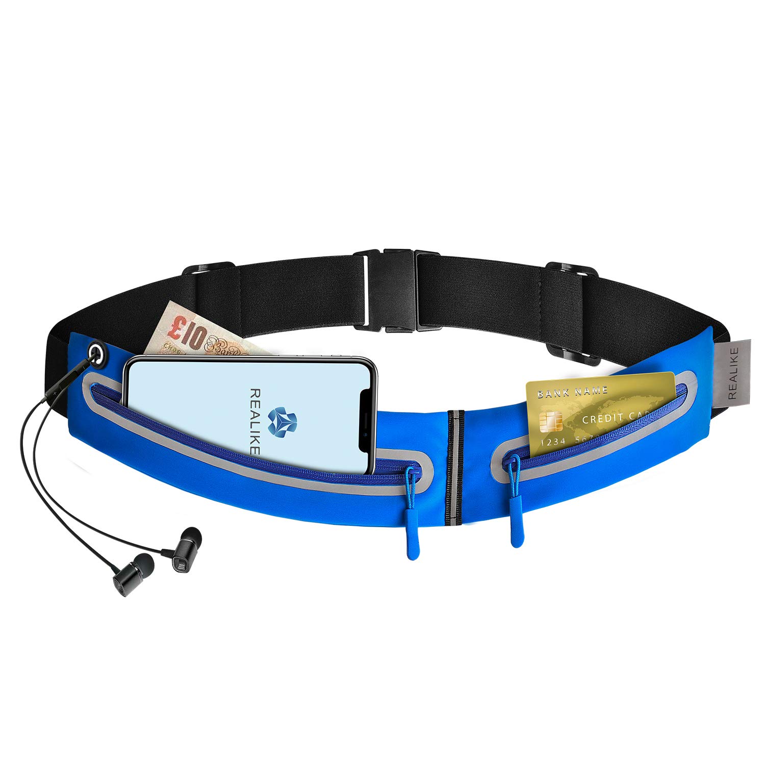 REALIKE Slim Running Bum Belt Waist Sport Pack bag with Double Zipper Pockets Pouch Funny Bag with Reflective Adjustable Strip Fit iPhone Xs Max, Xr, iPhone Xs, Samsung Note9, Galaxy S9-Blue