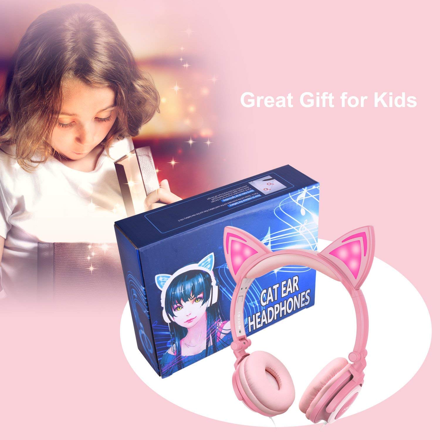 Cuffie per Bambini, Orecchio sopra con orecchie di gatto incandescente a LED, Cat Ear Headphone Cablate, 85dB Volume, Kids Cuffie ispirate al gatto per ragazze (Rosa)