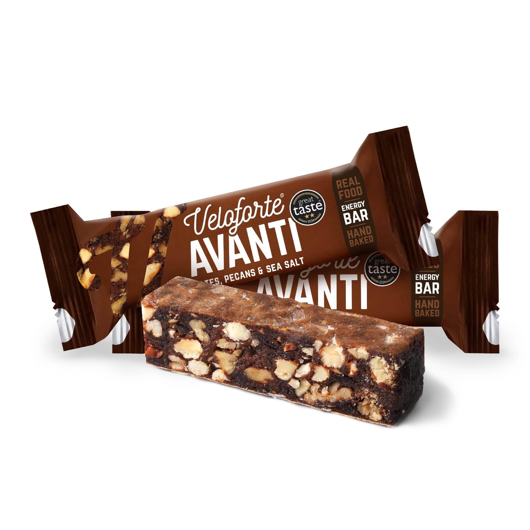 Veloforte Avanti Energy Bar For Running, Cycling, Triathlon | Optimally balanced carbs and protein for sports. Gut-friendly, high-fibre, vegan and gluten-free | Dates, Pecans & Sea Salt | 9-pack