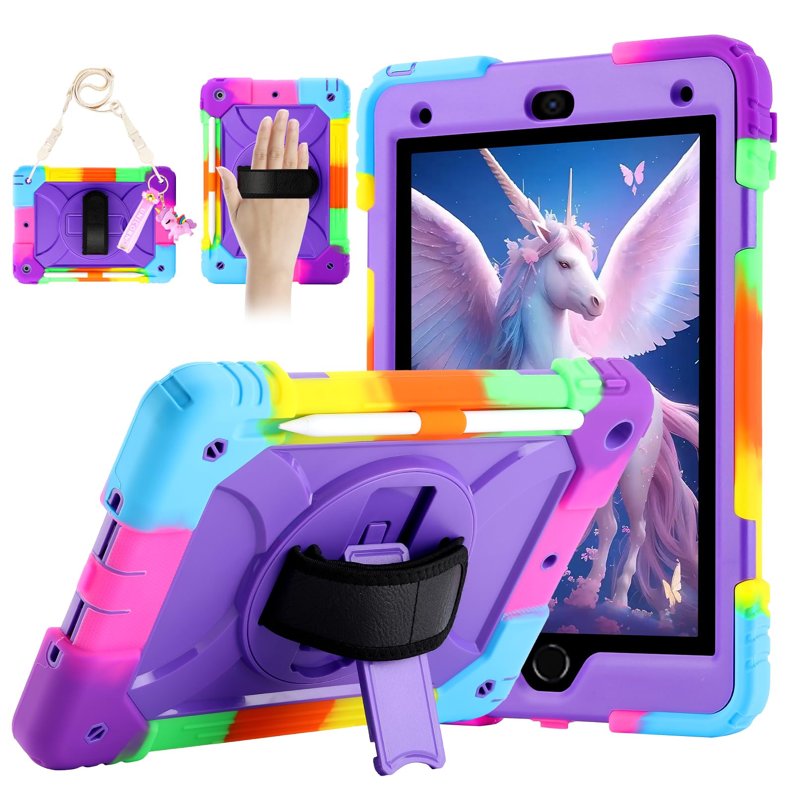 Photo 1 of for iPad 9th/8th/7th Generation Case,iPad 10.2 Case 2021/2020/2019, with Cute Key Chain, Rugged Protective Case with 360°Rotating Stand & Shoulder Hand Strap & Pen Slot for 10.2 Inch (Rainbow Purple)