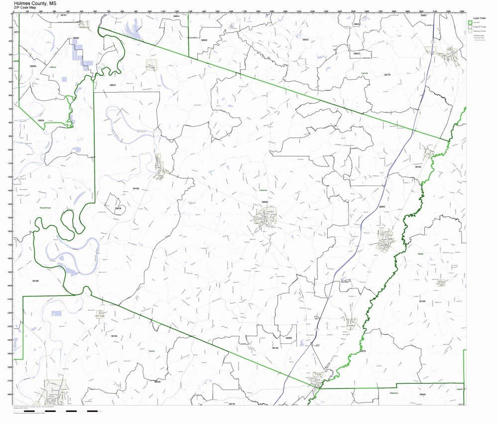 Holmes County, Mississippi MS ZIP Code Map Not Laminated