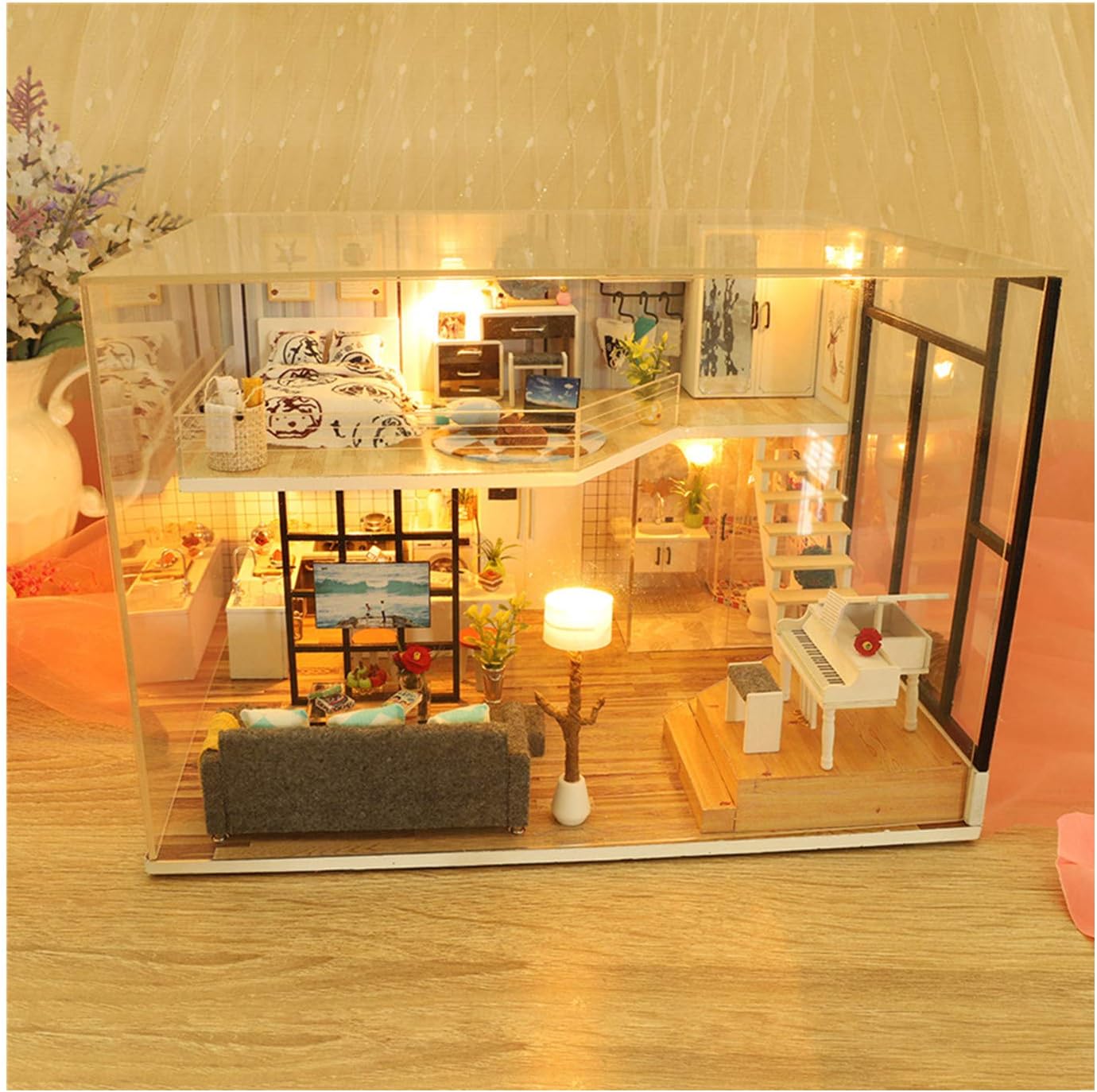 Beautly 3D DIY Dollhouse Miniature with Furniture, Wooden DIY Wooden House Kit with Dust Cover/Without Dust Cover, 1:24 Scale Creative Room Idea Gift (with Dust Cover, 27x15x16.5cm)