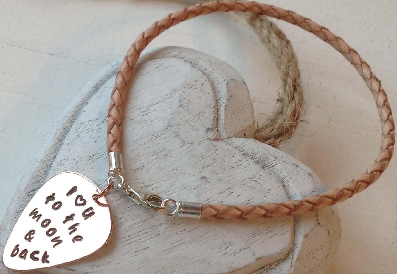 'I Love You to the Moon & Back' Personalised Custom Sterling Silver & Copper Guitar Plectrum/Pick Charm Tan Leather Bracelet