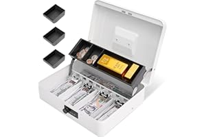 Polspag Cash Box with Combination Lock, Metal Money Box with Cash Tray, Lock Safe Box, 4 Bill/5 Coin Slots, 11.8L x 9.5W x 3.5H Inches, White
