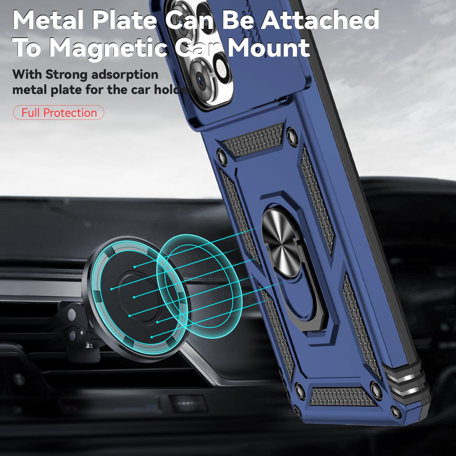 for Moto G Power 2025 Case, with Camera Lens Cover Screen Protector, Dual Layer Military-Grade Drop Tested Magnetic Ring Holder Kickstand Protective Phone Case for Moto G Power 2025 (Navy Blue)