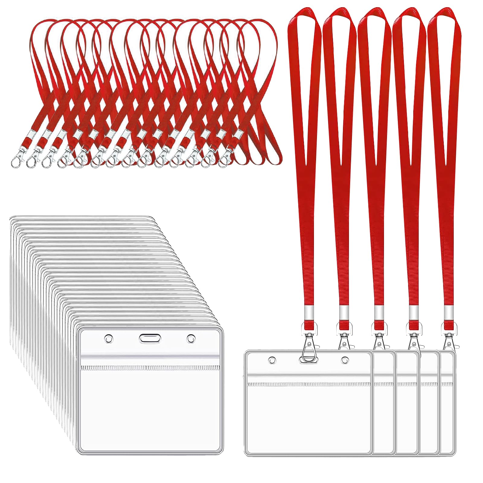 XHDA Red 30PCS Lanyards for Neck with 30PCS Card Holder, Lanyard with Clear Plastic Card Holder for ID Card and Staff