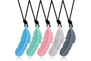 KALOVIN Chewy Necklaces for Sensory Kids, Boys and Girls, 5 Packs Silicone Feather Oral Motor Aids Teething Necklace for Mild Chewers with Autism, ADHD, SPD, or Special Need