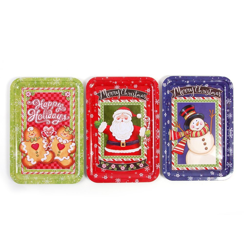 FLOMO Set of 3 Christmas Tin Serving Trays, 12.75" Long x 9" Wide x .5" Deep