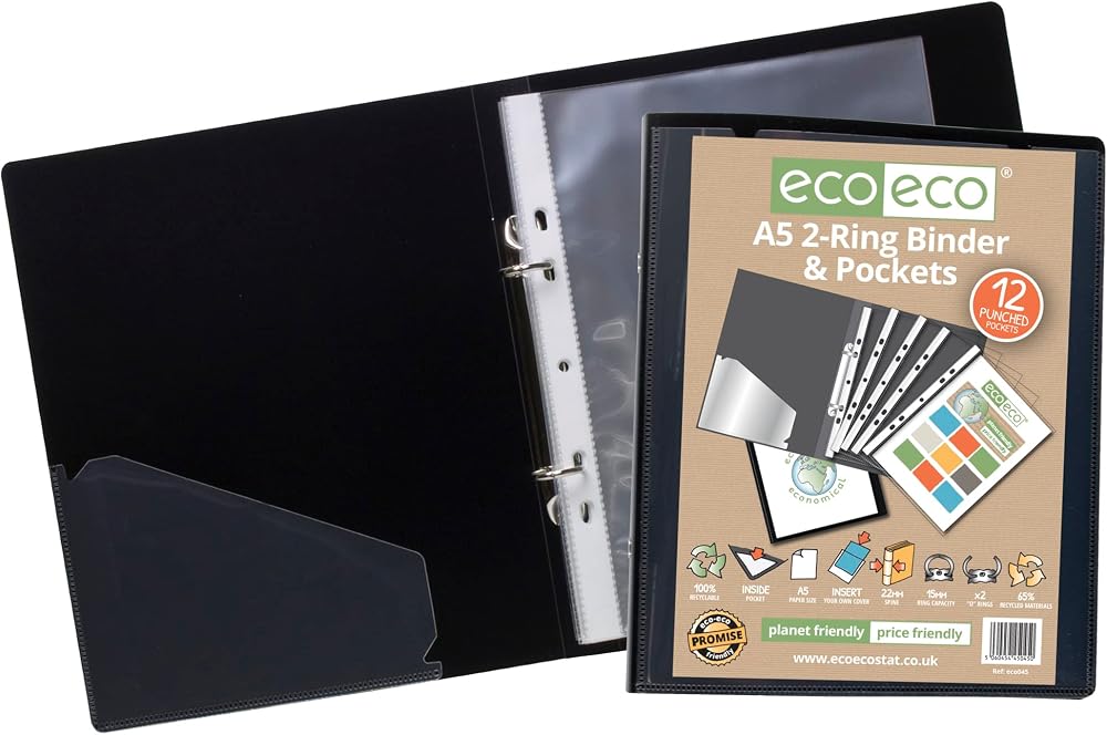 eco-eco A5 65% Recycled Presentation Ring Binder with 12 Pockets Black eco045
