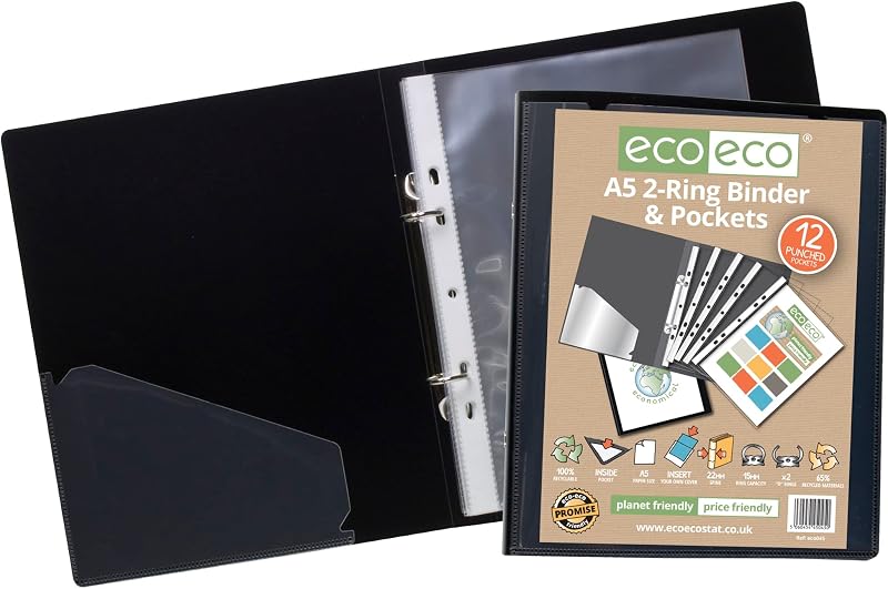 eco-eco A5 65% Recycled Presentation Ring Binder with 12 Pockets Black eco045