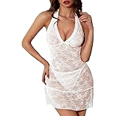 Kolagri Womens Sexy Lace Lingerie Deep V Neck Babydoll Chemise Halter Backless Mesh Sheer Sleepwear Dress Nightgown