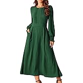 Seta T Women's Elegant Frilled Crewneck Midi Dress Long Sleeve Pleated A-Line Flowy Casual Dresses with Pockets, Medium