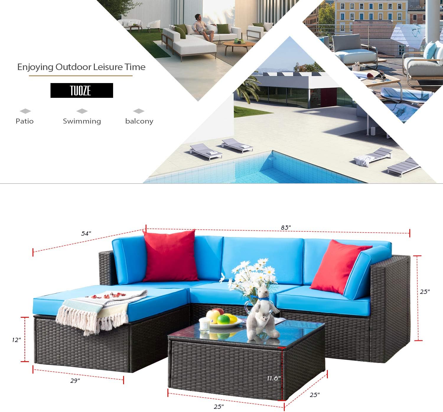 Tuoze 5 Pieces Patio Furniture Sectional Set Outdoor All-Weather PE Rattan Wicker Lawn Conversation Sets Cushioned Garden Sofa Set with Glass Coffee Table (Blue): Garden & Outdoor