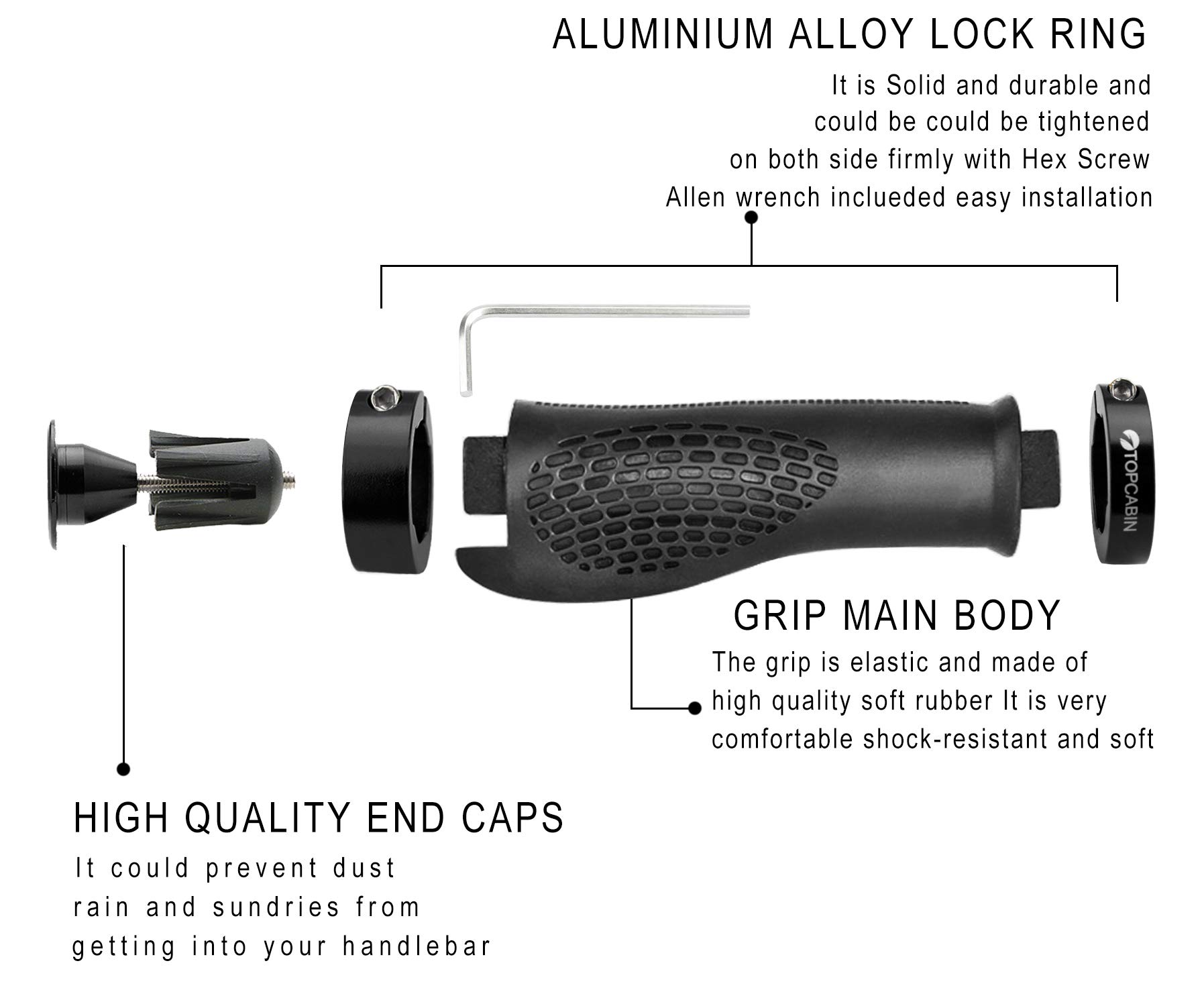 TOPCABIN Bike Grips,Ergonomic Design Bicycle Grips Widen Holding Rubber Bike Handlebar Grips with Aluminum LockGrips for Bike Mountain Road MTB ((Aluminum Lock Plug+Grips) Black 1 Pair) - view 3