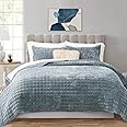 RECYCO Luxury Velvet Quilt Set King Size Bedding Sets, Ultra Soft Velvet Comforter Set, Lightweight Channel Box Stitch Oversized Bedspread Coverlet for All Season, with 2 Shams, Blue Linen