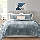 RECYCO Luxury Velvet Quilt Set King Size Bedding Sets, Ultra Soft Velvet Comforter Set, Lightweight Channel Box Stitch Oversized Bedspread Coverlet for All Season, with 2 Shams, Blue Linen