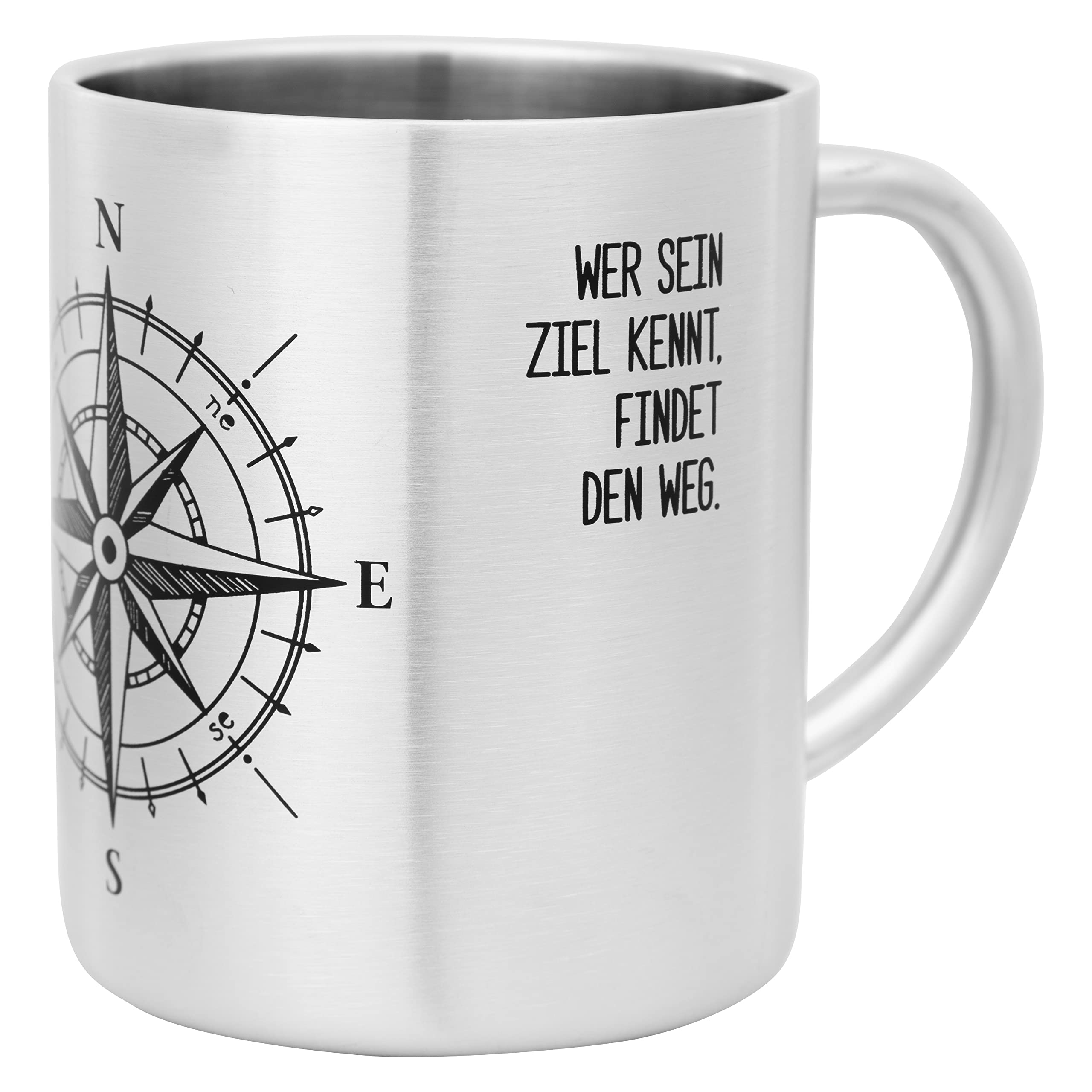 Musgy Stainless Steel Mug with Compass Motif, Shatterproof Camping Mug, 280 ml, Stainless Steel Mug, Silver