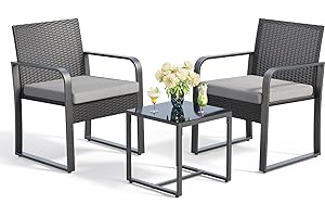 Gizoon 3 Piece Patio Bistro Set, Outdoor Black Wicker Furniture Sets, Modern Rattan Chair Conversation Sets with Coffee Table, for Yard, Garden, Balcony, Poolside, Grey