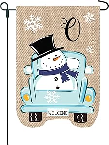Monogram Garden Flag - Welcome Garden Flag with Snowman in A Vintage Truck - 12x18 Home Garden Flag (Letter O)