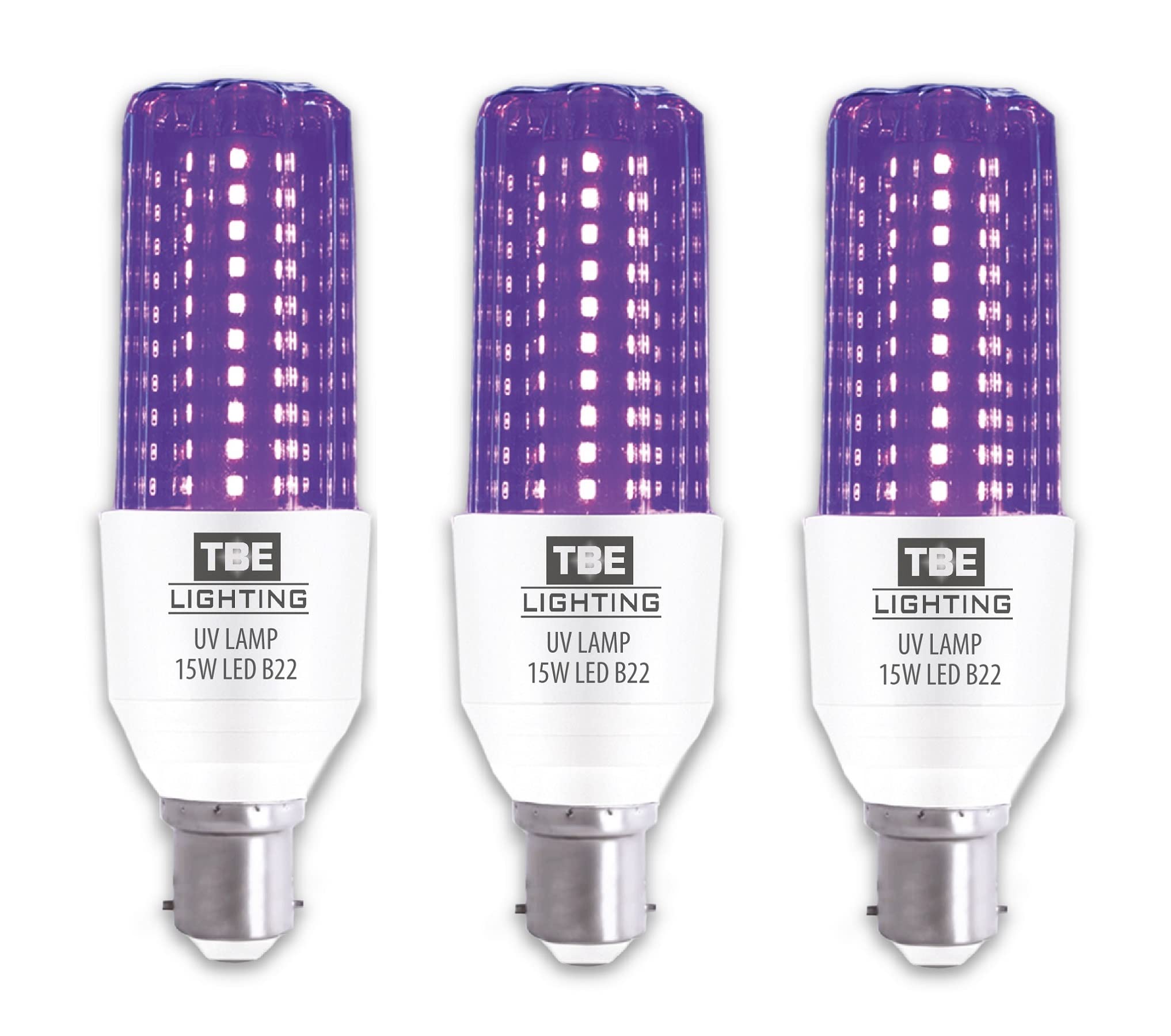 TBE LIGHTING UV LED Bulb - 15w Ultra Violet Black Light Bulbs - 3 Pack - B22 Standard Bayonet Fitting - 395-400nm wavelength, Energy Saving Long Life LED Bulb
