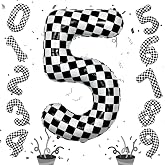 40 Inch Checkered 5 Number Balloons, Large Foil Self Inflating 5th Birthday Racing Balloons Decor, Black and White Checkered 5 Ballons for Boys 5th Birthday Race Car Flag Party Decorations Supplies