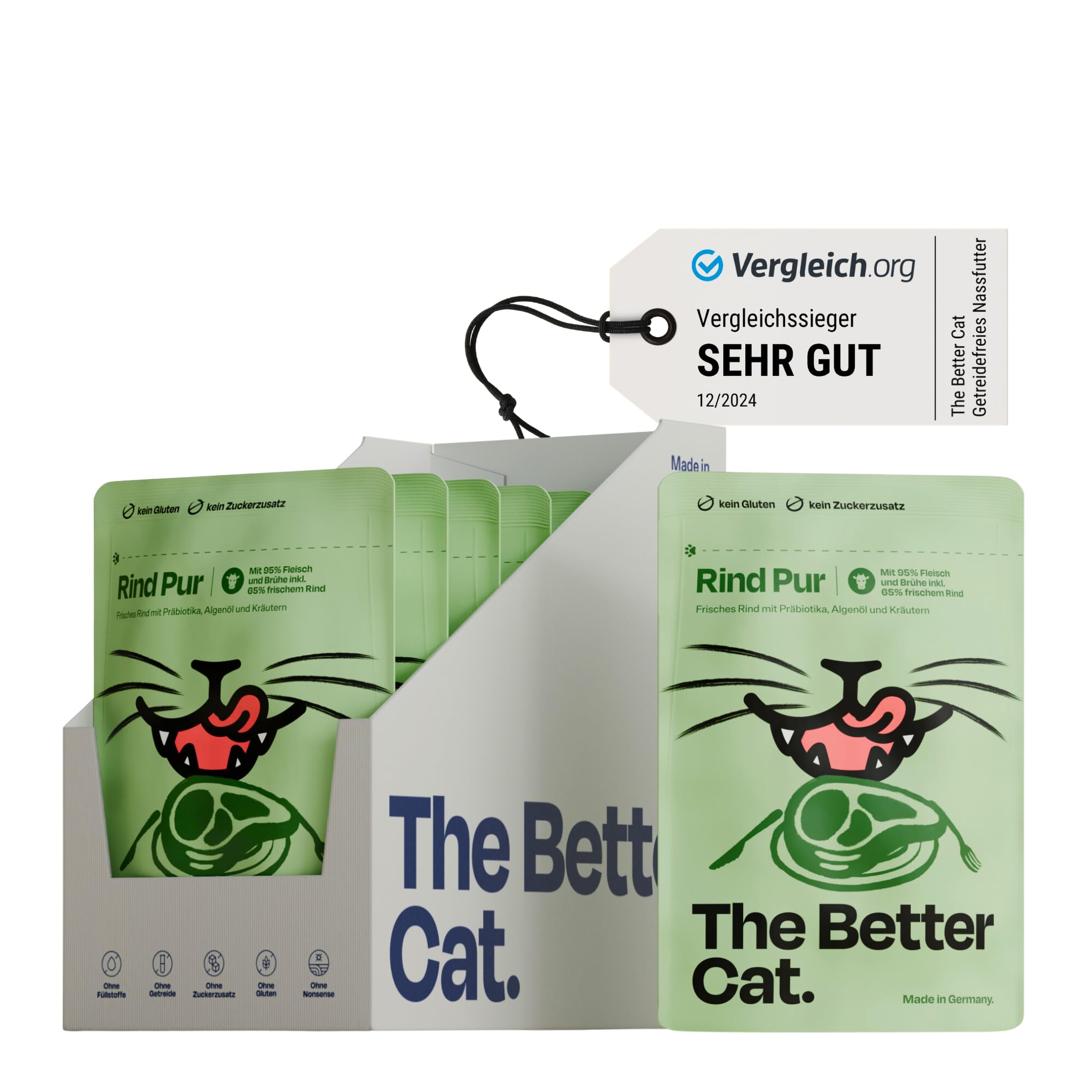The Better Cat - Getreidefreies Nassfutter mit extra hohem Fleischanteil - Premium Katzenfutter ohne Getreide und ohne Zucker mit Präbiotika (Rind) 12x85g