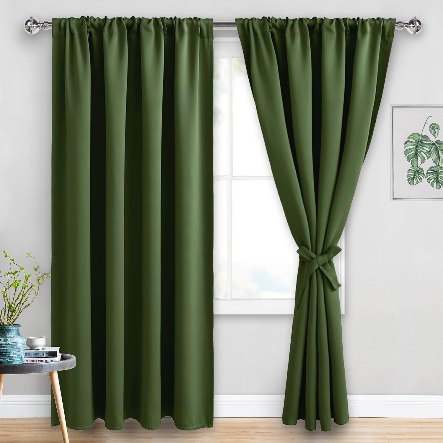 JIUZHEN Blackout Curtains for Bedroom - 70 x 84 Inch Extra Wide Privacy Assured Thermal Insulated Room Darkening Room Divider Curtain Cover for Living Room, Set of 2 Panels with Tiebacks, Olive Green Image