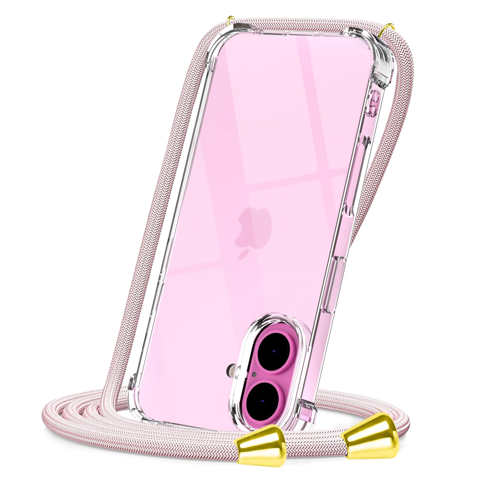 CAROKI Crossbody Case for iPhone iPhone 16 Plus,Necklace Mobile Phone Cover with Cord Strap Clear Transparent TPU Soft iPhone iPhone 16 Plus Cover Holder with Neck Cord Lanyard Strap-Rose Gold